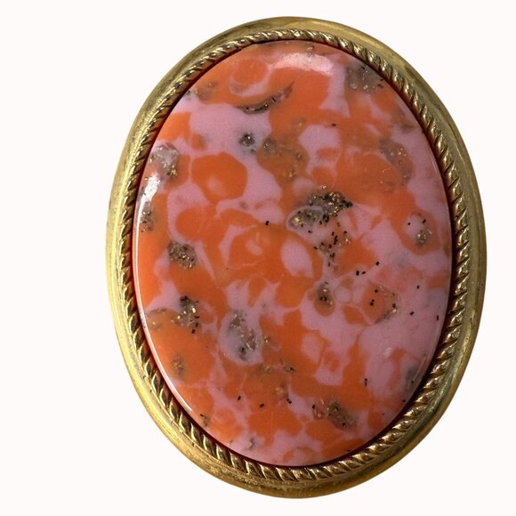 Vintage Sarah Coventry Oval Gold-Tone Brooch & Pendant With Coral Pink Marbled - Picture 1 of 10